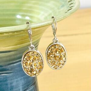 Earrings Vtg Joan Rivers Gold Druzy Quartz Classics Collection SIlver Tone Oval